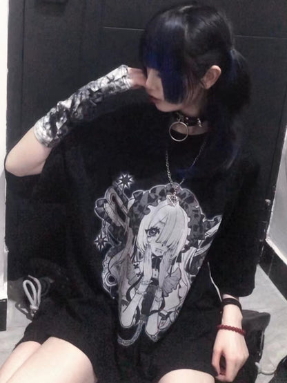 ネックブラックホワイト ケイジライ ラウンドプリント 漫画ガール Tシャツ