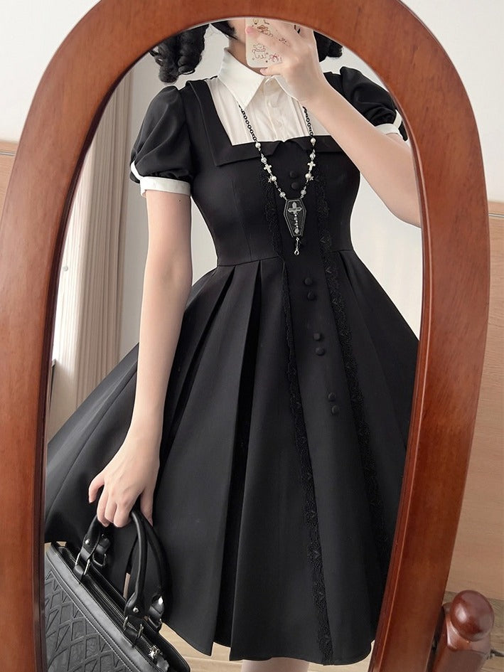 Two-pieces OP Lolita Black Dress Sleeves Design White Short Fake