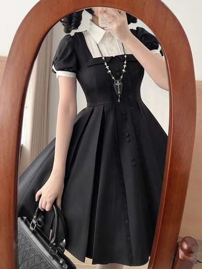 Two-pieces OP Lolita Black Dress Sleeves Design White Short Fake