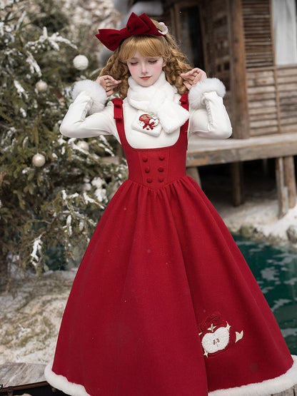 Red Boned Winter Embroidery Plush Apple and Dress Waist Hemline Under with Lolita Bust