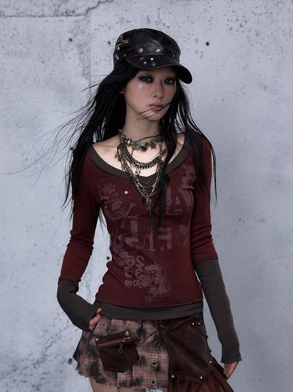 Top Patchwork Design Long Red Rock Sleeve Punk Wine Print with Letter
