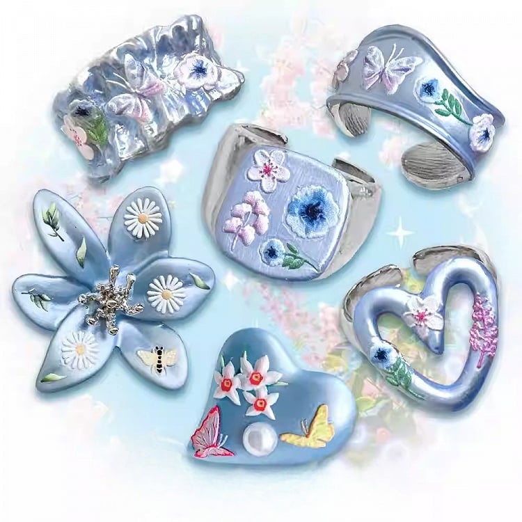 8 Bittersweet Butterfly And Ring Blue Floral Design Y2K Options