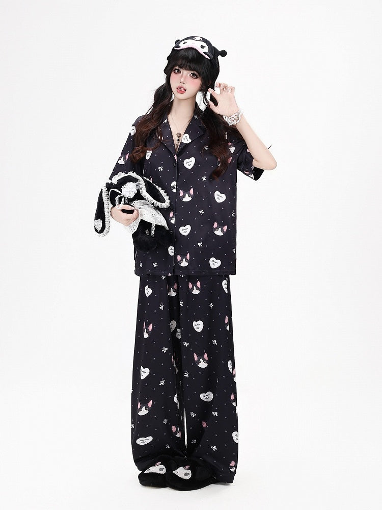 Black Cute Otaku Kitten Print Long Lounge Wear Two-Piece Set - Long-Sleeve Top + Pants - CRAZY GIRL