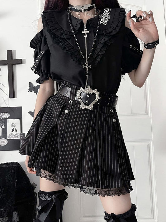 Accents with Black Short Shoulder Ruffle Gothic Sleeve Chest Cut-Outs Puff Shirt
