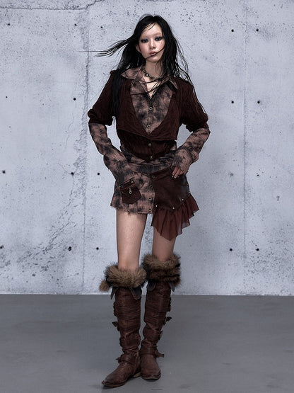 Long Shirt - Plaid Two-piece Sleeve Red Pattern Top Collar Brown