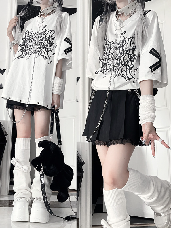 Chain T-Shirtwith Zipper SleeveDetachable Crossed Loose Gothic White