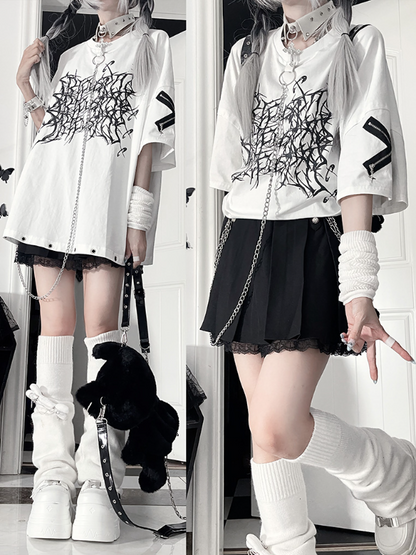 Chain T-Shirtwith Zipper SleeveDetachable Crossed Loose Gothic White