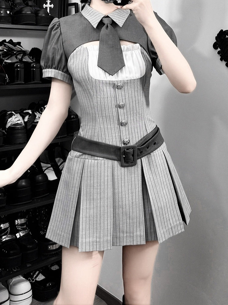 Gray Striped Jirai Kei Set: Cropped Top, Camisole Dress, Belt, Tie - Ekomi