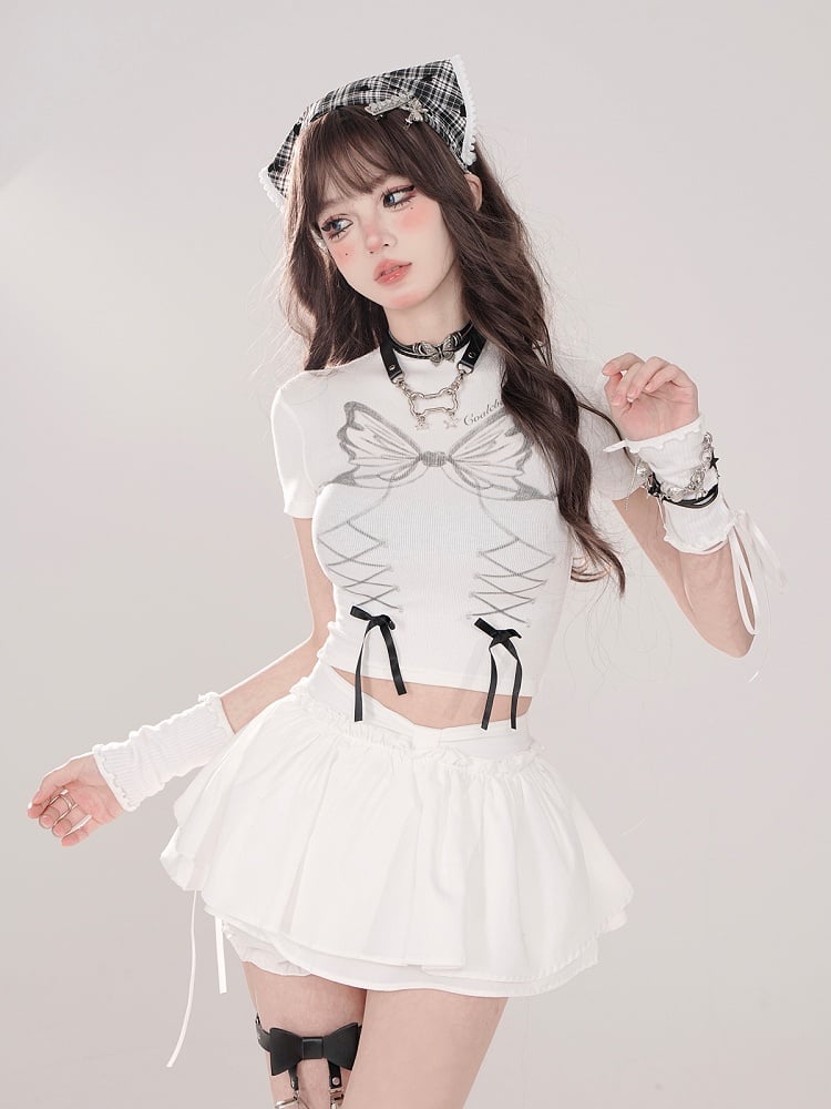 Built-in Tiered Skirt Bow White Bloomers with Waist