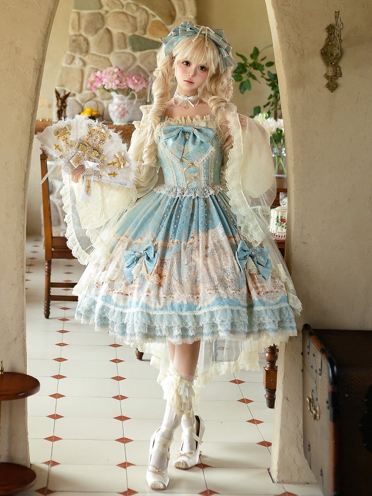 with Skirt Dress Classic Elegant Unicorn Lolita Beaded Chain Print and Waist Blue Overlay
