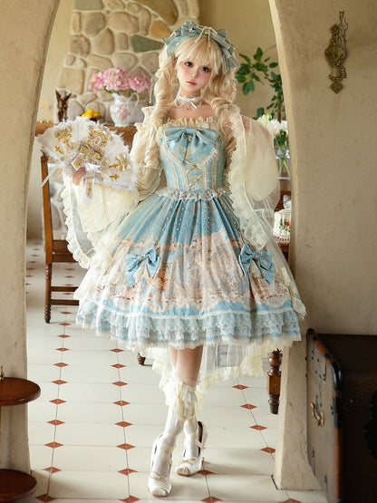with Skirt Dress Classic Elegant Unicorn Lolita Beaded Chain Print and Waist Blue Overlay