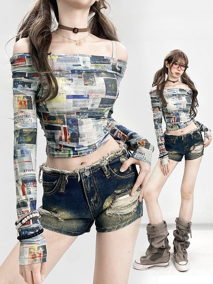 Sleeve Y2K Long Print Colorful Newspaper Top Glamorous Neckline Off-the-shoulder
