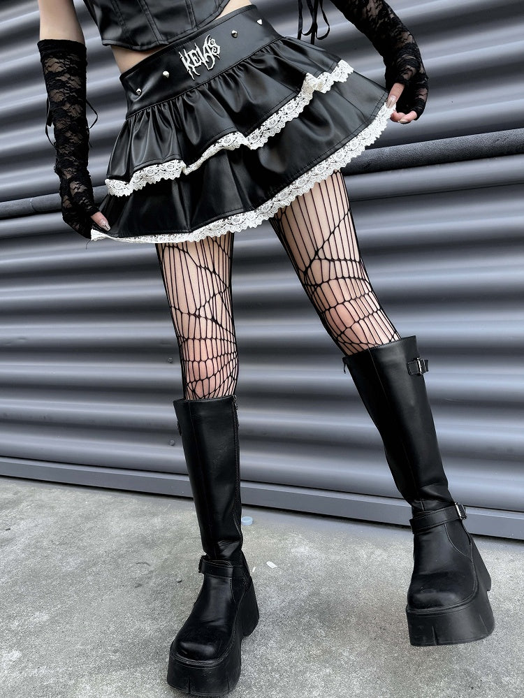 Schwarze Nieten Design Punk Rock High Waist Stufen Minirock Spitzenbesatz