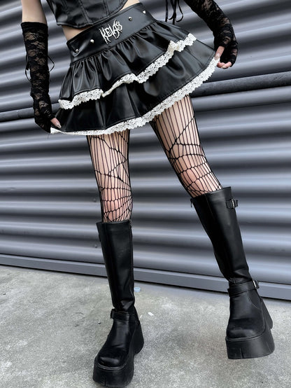Black Studs Design Punk Rock High Waist Tiered Mini Skirt Lace Trim