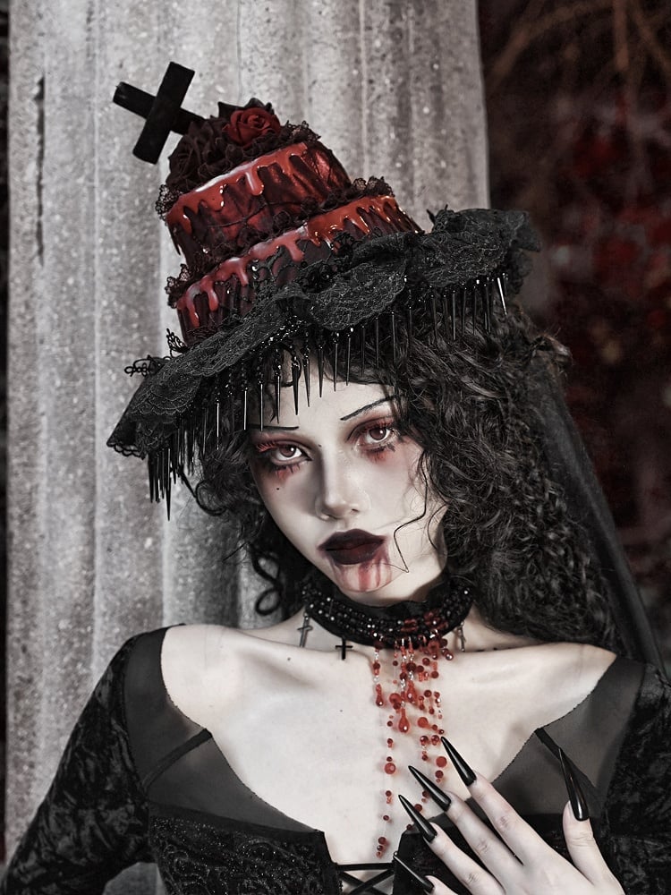 Black Detachable Hat Goth Red Veil and with Halloween