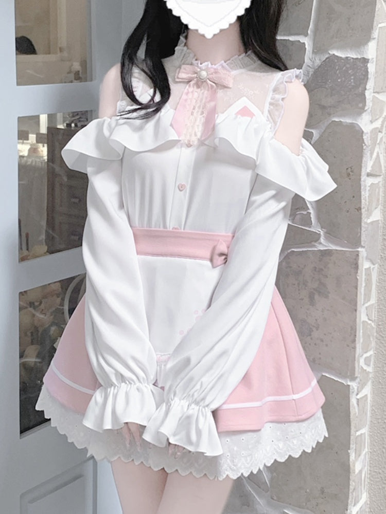 Pink-weißes Jirai Kei-Komplettset – Oberteil mit Illusionsausschnitt, ausgeschnittenen Schultern + Rock im Schürzendesign + Fliege