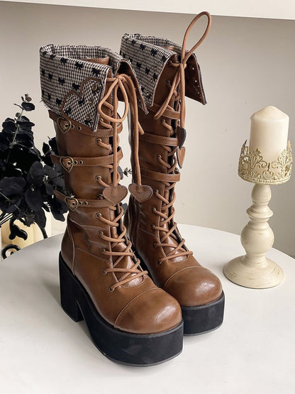 Cuff Heel Caramel Platform Fold-over Boots Block