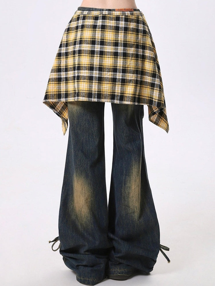 Distressed Detachable Cuffs Hem Plaid with and Handkerchief Skirt Blue Jeans Flared Drawstring