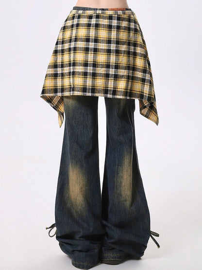 Distressed Detachable Cuffs Hem Plaid with and Handkerchief Skirt Blue Jeans Flared Drawstring