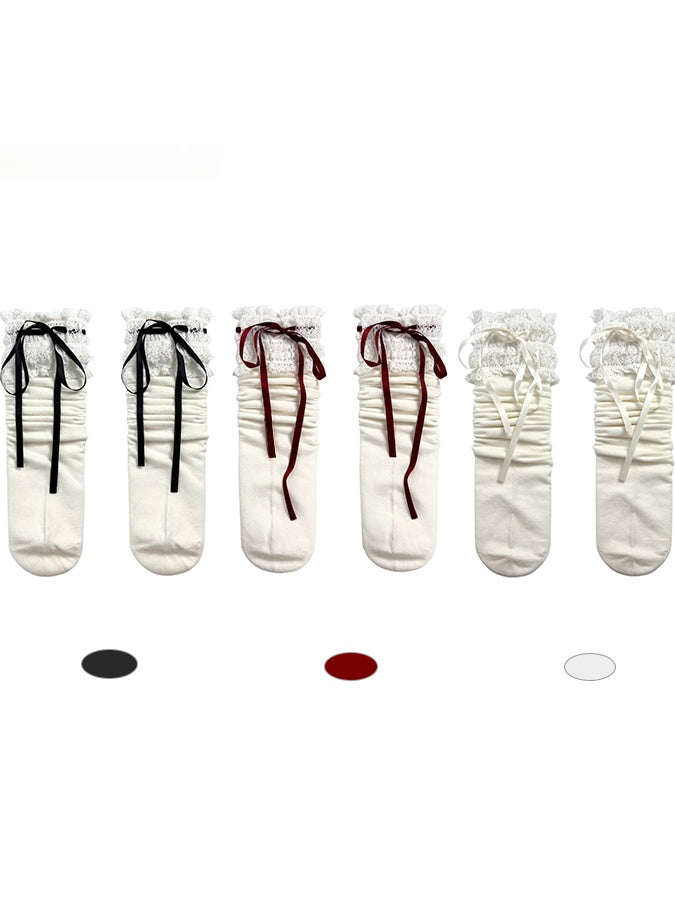 Lace Trim Bowknots White/Red/Black Socks Calf White with Lolita