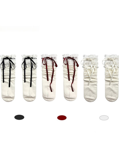 Lace Trim Bowknots White/Red/Black Socks Calf White with Lolita
