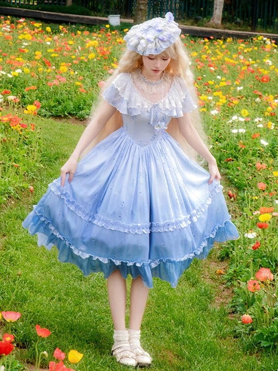 Neck Blue Pansy Print Lolita Dress Elegant Edward