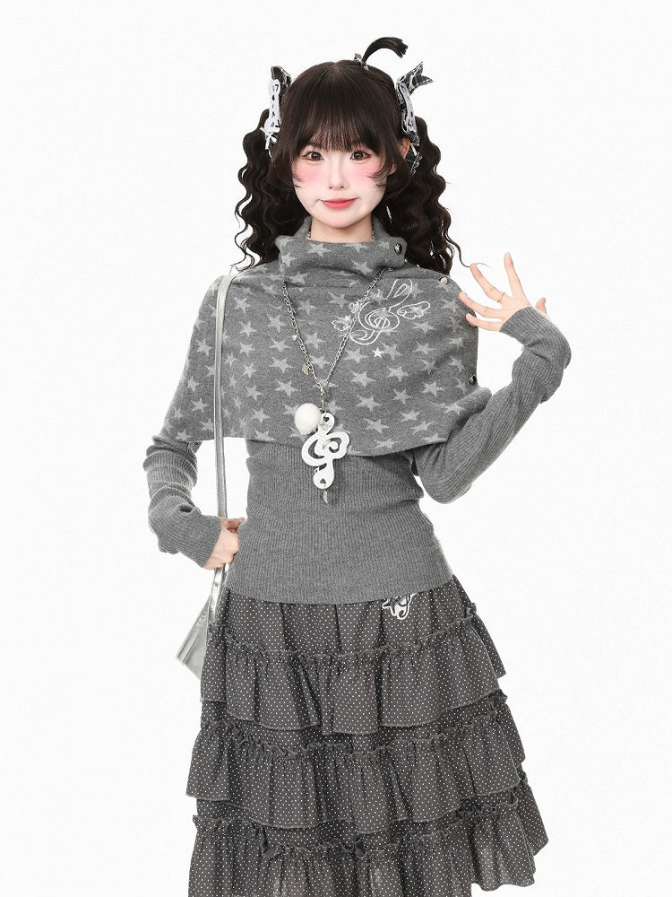 Gray Kawaii Fall Two Piece Cape Music Note Star Pattern Top - Languid Park