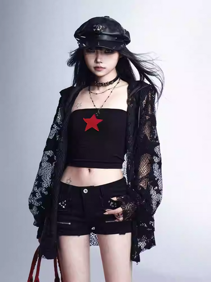 ディテール付きショートパンツ ブラック ローウエスト スタッズ グラマラスジッパー