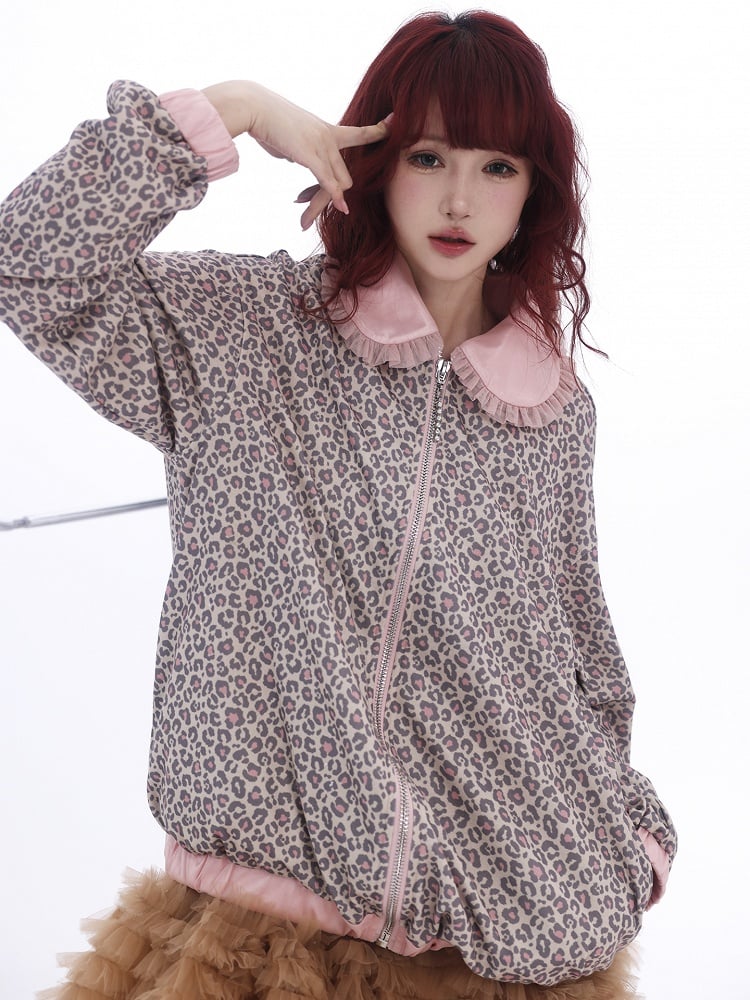 Collar Lace Jacket Leopard Pan and Print Peter Trim Zip-Up with