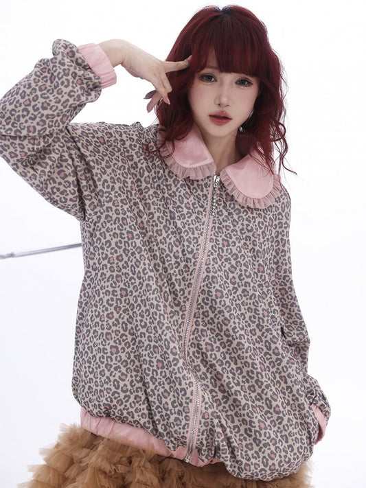Collar Lace Jacket Leopard Pan and Print Peter Trim Zip-Up with