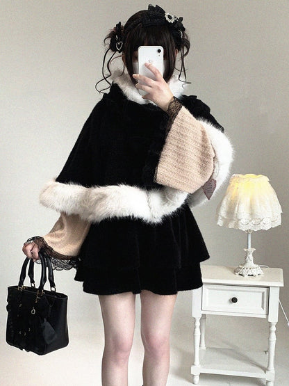 Double-Layer Pom-Pom Bow Skirt Jirai Kei Pink/Black/Off-White Ruffle Decor