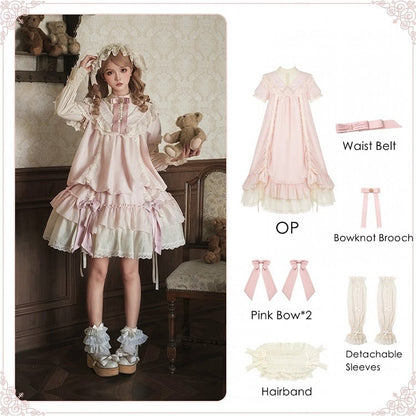 with Belt Pink Waist Versatile and Drawstring Lolita Bows Design Fashion Dress