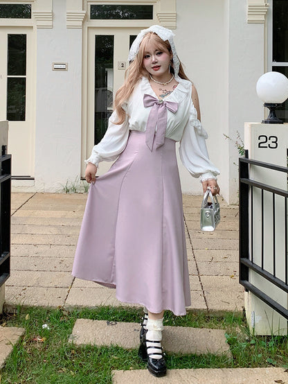 / Bowknot Detachable Shoulder Plus Size Black Waist Dress Cutout with High Pink and