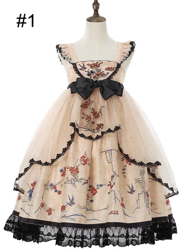 Hanfu Lolita Floral Bird Jumper Dress in Soft Yellow and Black - Yimu Walnut