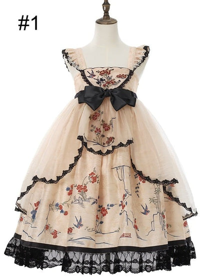 Hanfu Lolita Floral Bird Jumper Dress in Soft Yellow and Black - Yimu Walnut