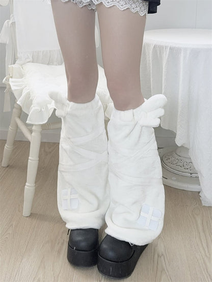 ケイ アップリケ エンジェル ジライ カワイイ ホワイト ヤミ フランネル レッグウォーマー 羽根デザイン クロス