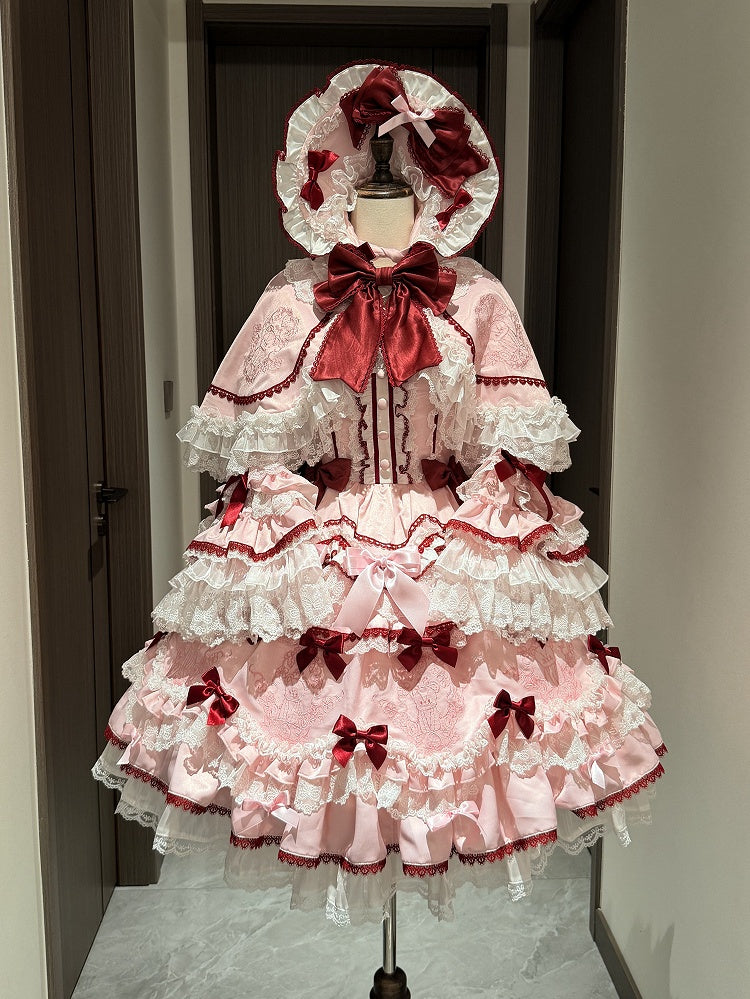 Strawberry OP Dress and Pink Embroidery Teddy Bows Lolita Set Sweet Full