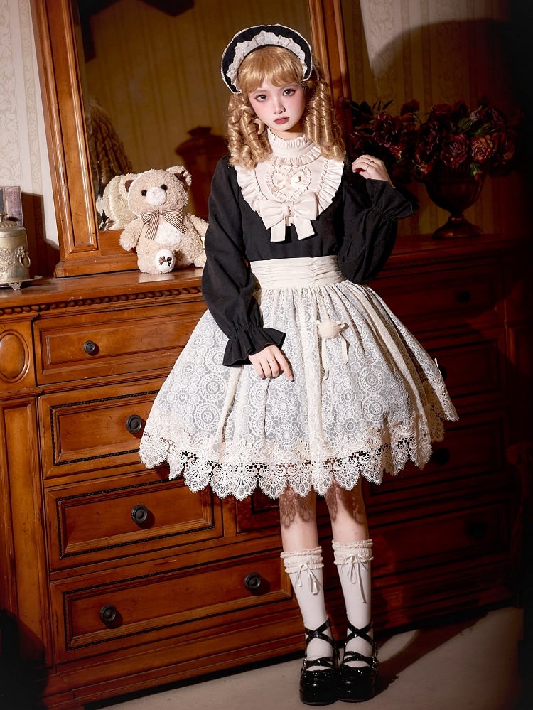 Beige Ruffle Neckline Black High-Waisted Long Balloon Sleeves Lolita Dress Short Version