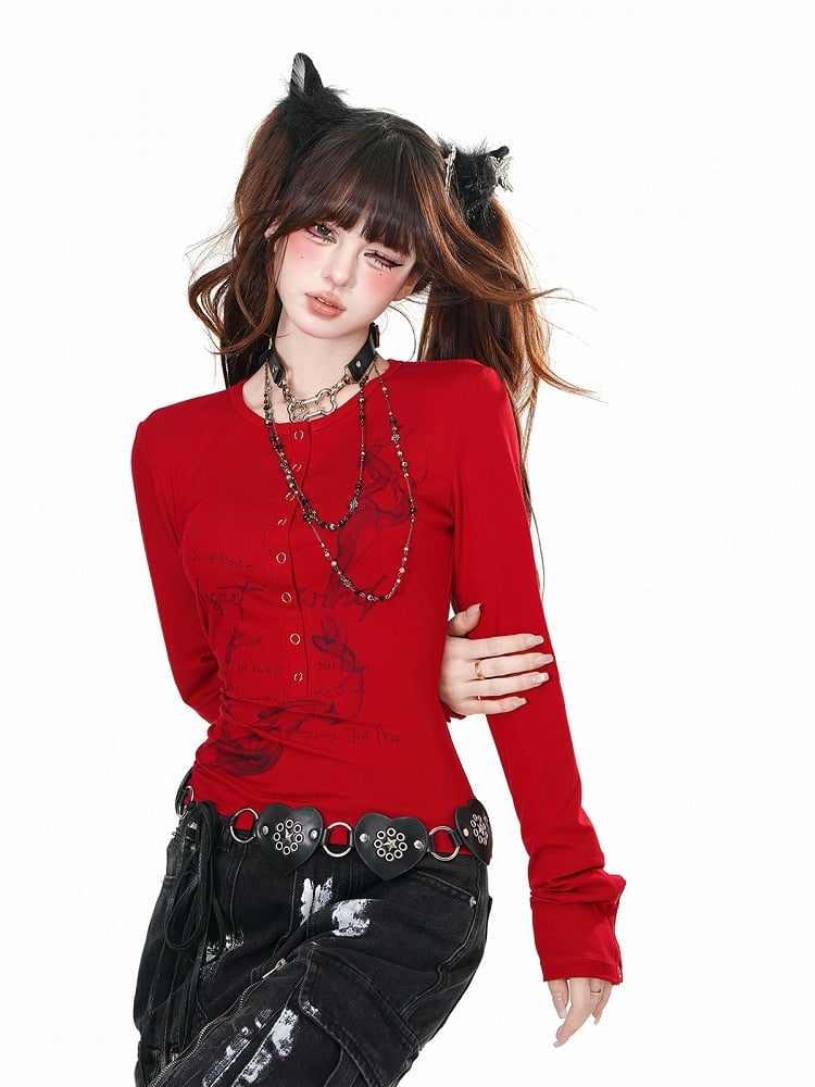 Rot/Schwarzes, schmal geschnittenes Bittersweet-Top mit Rundhalsausschnitt