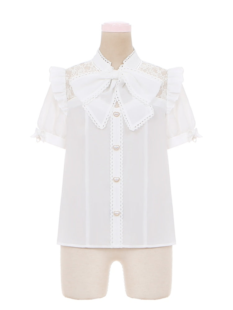 リボンタイ ホワイトレース コントラスト Kei Jirai ハートボタン パッチ付きブラウス