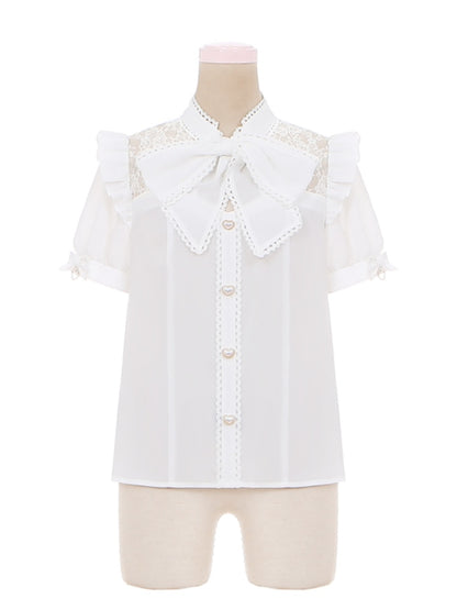 リボンタイ ホワイトレース コントラスト Kei Jirai ハートボタン パッチ付きブラウス