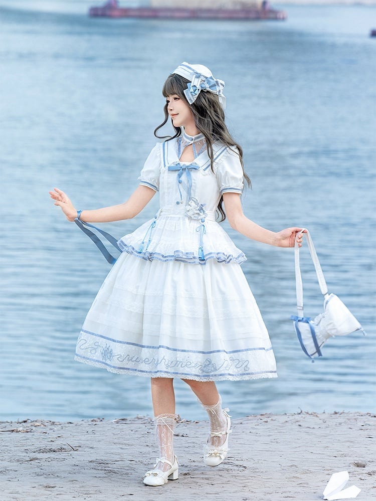 Ivory and Azure Stitched Sailor Gown with Detachable Collar - Honey Machine