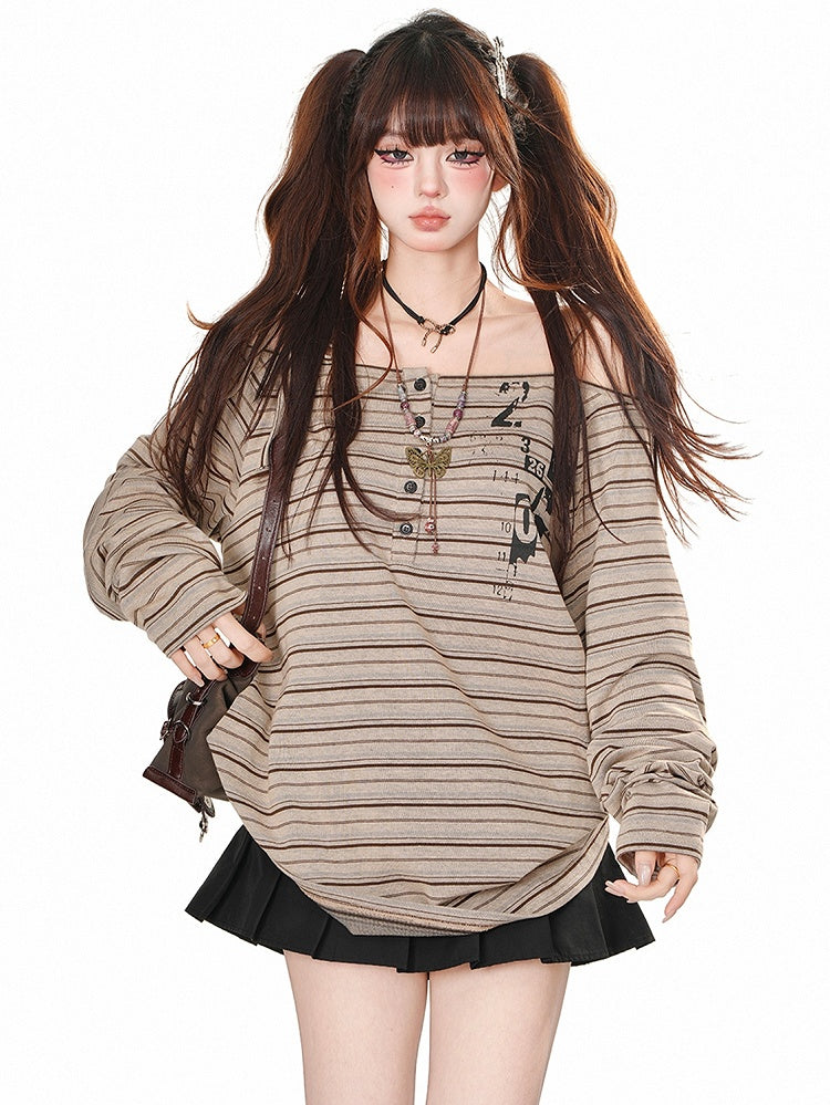 Khakifarbenes, schulterfreies Vintage-Streifen-Top