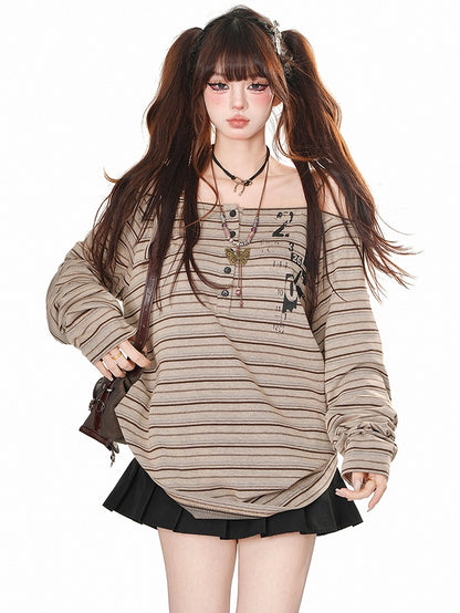 Khakifarbenes, schulterfreies Vintage-Streifen-Top