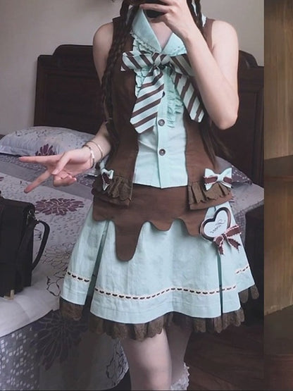 Mint & Cocoa Two-Piece Bow Sleeveless Top Ensemble with Ruffled Lace Skirt - Sweet Dream