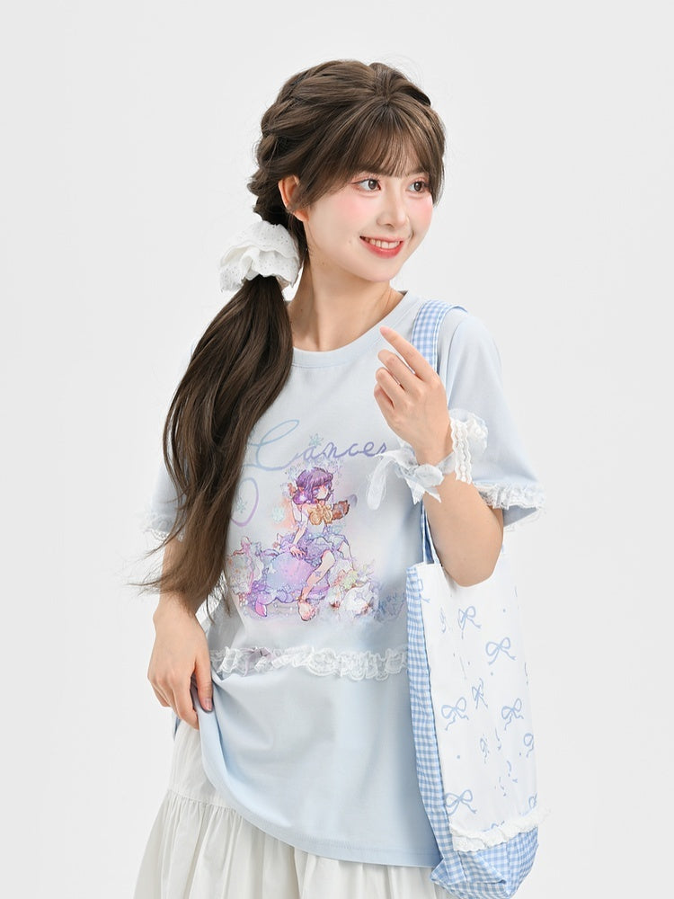 ブルー ラウンドネック レース ルーズ Tシャツ アップリケ 蟹座 星座プリント