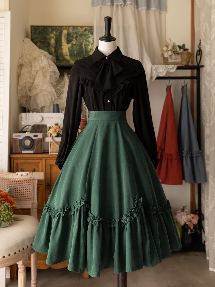 Black Ruffle-Trim Long-Sleeve Shirt with Bow Tie