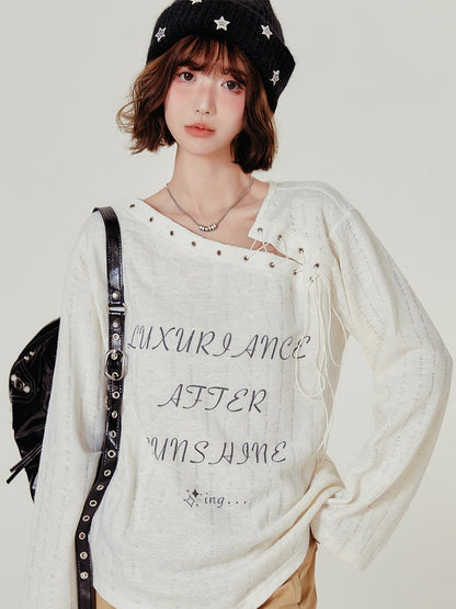 Retro Asymmetrical Neckline Design Apricot Long Sleeve T-Shirt - Girlyhalo