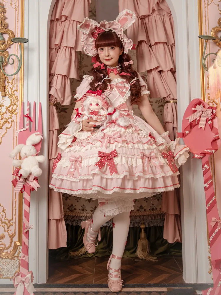 Rüschen Akzente Schleife Süßes Thema Hase Stück Ein Kleid Prinzessin Pink Lolita