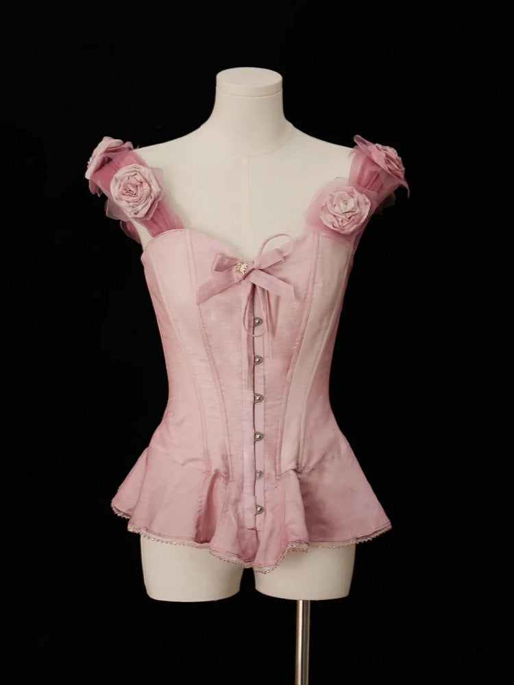 Korsagen-Top mit abnehmbarem Blumenschmuck, Saumvolant, Rosa